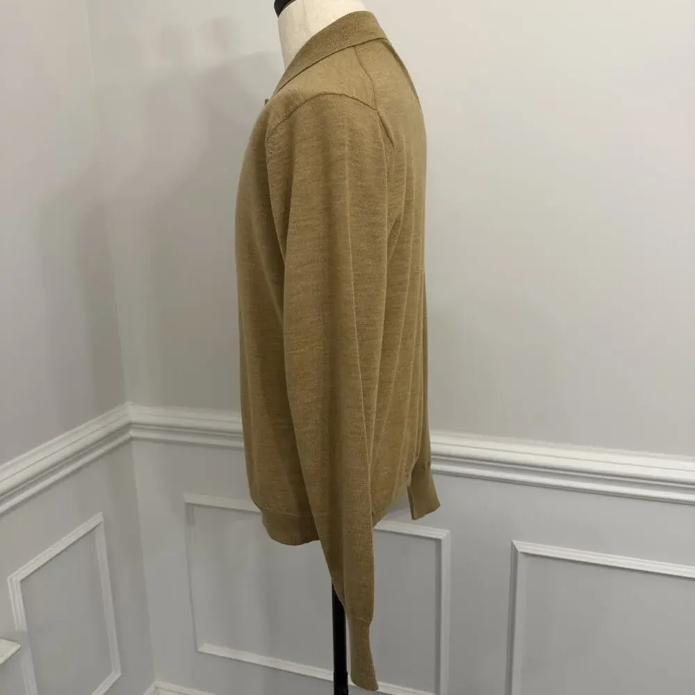 Lands End Mens 100% Wool Collared Sweater Pullover Medium 1/4 Button Tan